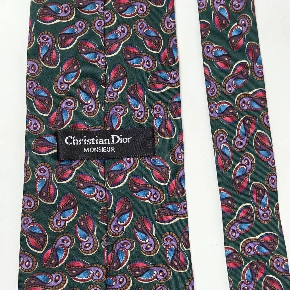 CHRISTIAN DIOR MONSIEUR VINTAGE SILK TIE GREEN PURPLE PAISLEY 4